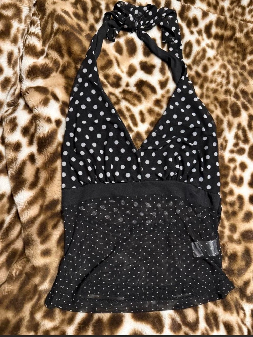 Black and White Polka Dot Halter Tank Mesh Top Y2K